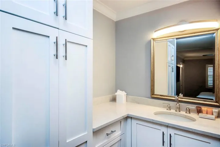 En-suite bathroom featuring crown molding and vanity