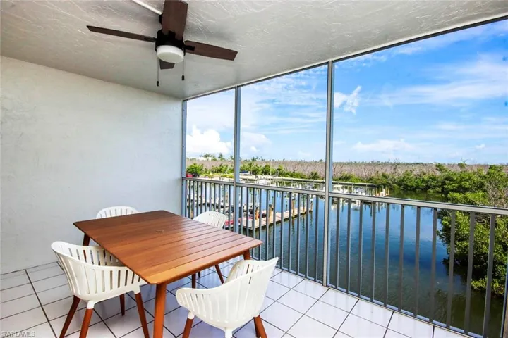 Screened patio with a water view and ceiling fan