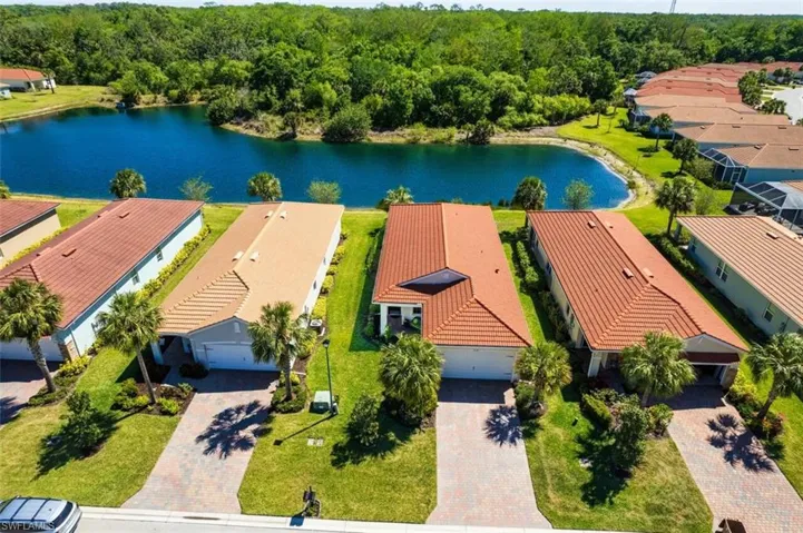 Bird's eye view with a residential view, a water view, and a view of trees