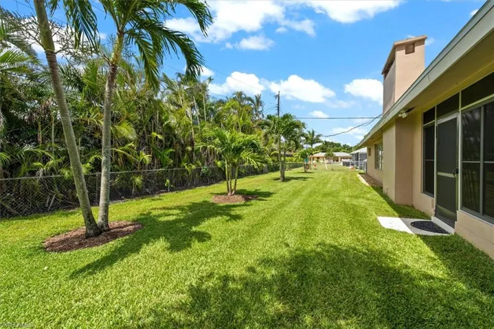 Expansive grassy yard featuring mature palm trees, a chain-link fence, and a stucco exterior with screened windows