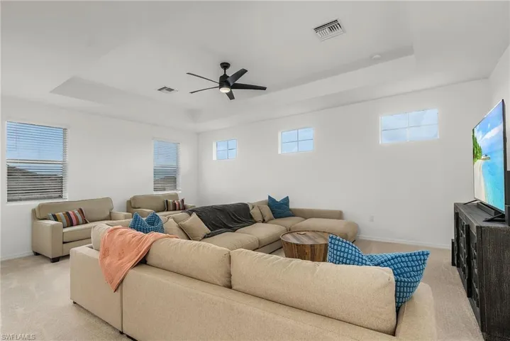 Living room featuring a raised ceiling, light carpet, and plenty of natural light