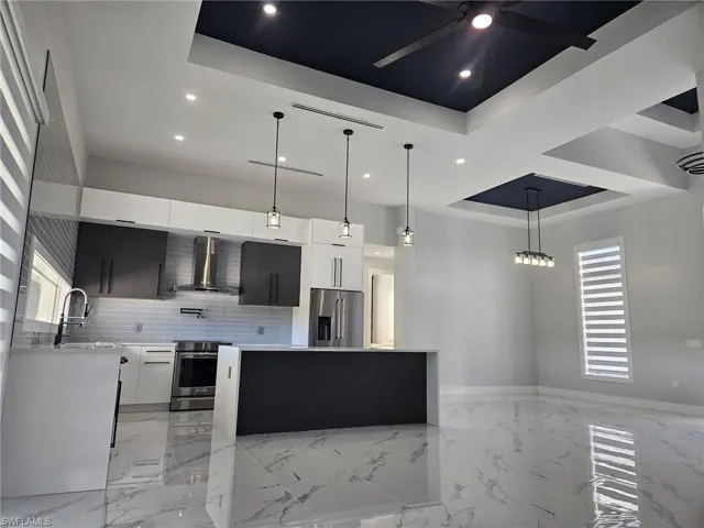 Kitchen with a tray ceiling, modern cabinets, a sink, wall chimney exhaust hood, and appliances with stainless steel finishes