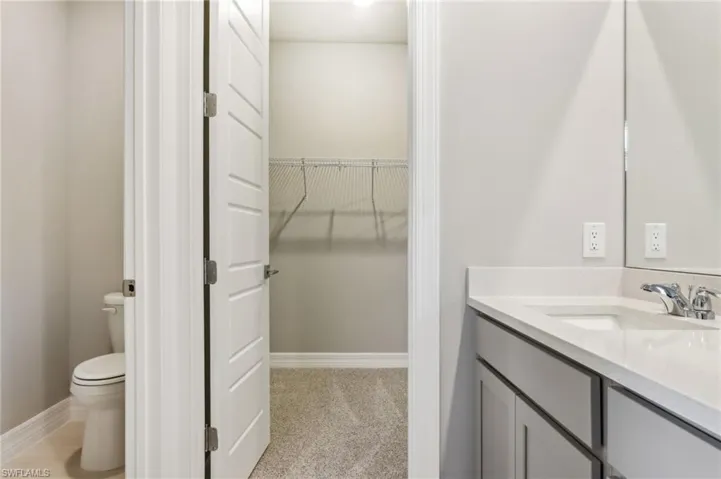 Bathroom featuring vanity, toilet, a walk in closet, and baseboards