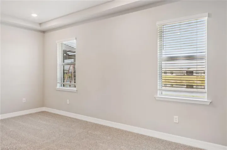 Empty room featuring carpet, healthy amount of natural light, baseboards, and recessed lighting