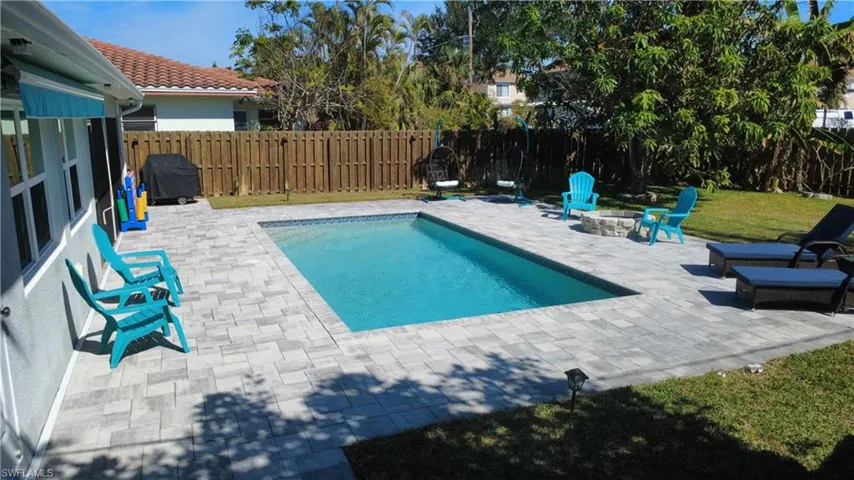 View of swimming pool featuring a fire pit, a patio area, a fenced backyard, and area for grilling