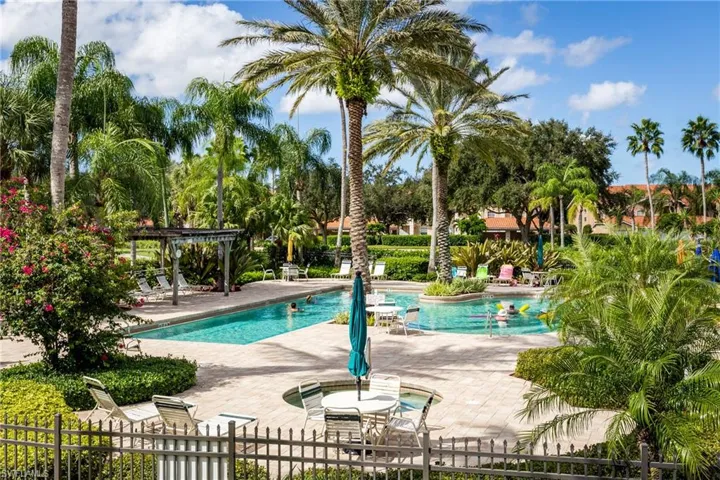 View of pool with a patio and a pergola