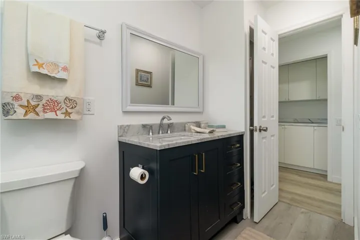 Bathroom featuring vanity, light wood finished floors, and a walk in closet