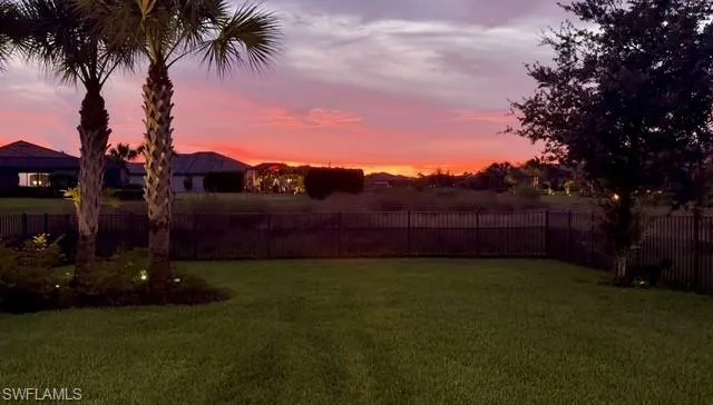 Expansive backyard featuring a manicured lawn, established palm trees, and perimeter fencing