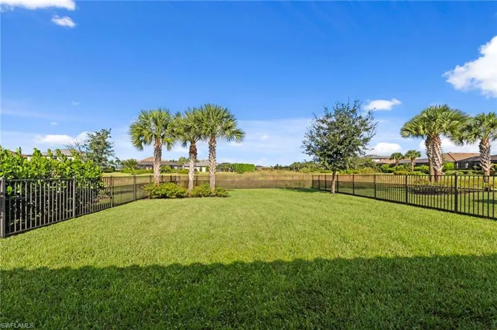 Expansive green lawn with a black metal fence, bordered by mature palm trees and lush landscaping. Plenty of room for a pool. Great area for pets or children.