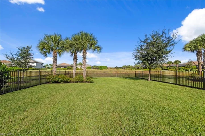 Expansive green lawn with mature palm trees and established landscaping