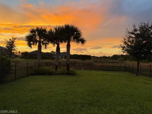 Expansive green lawn, perimeter fencing, multiple mature palm trees.