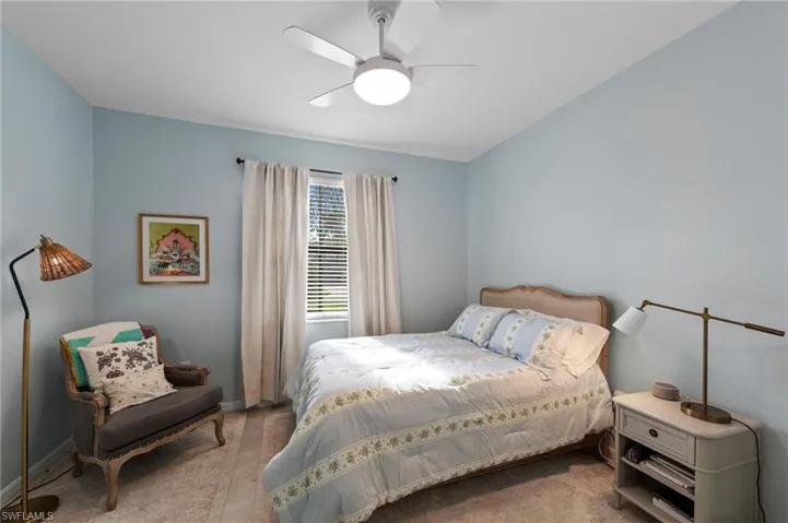 Recessed lighting and a ceiling fan fixture provide illumination