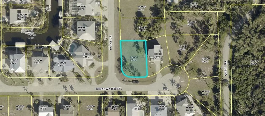 Aerial map of property and surrounding area with property parcel outlined