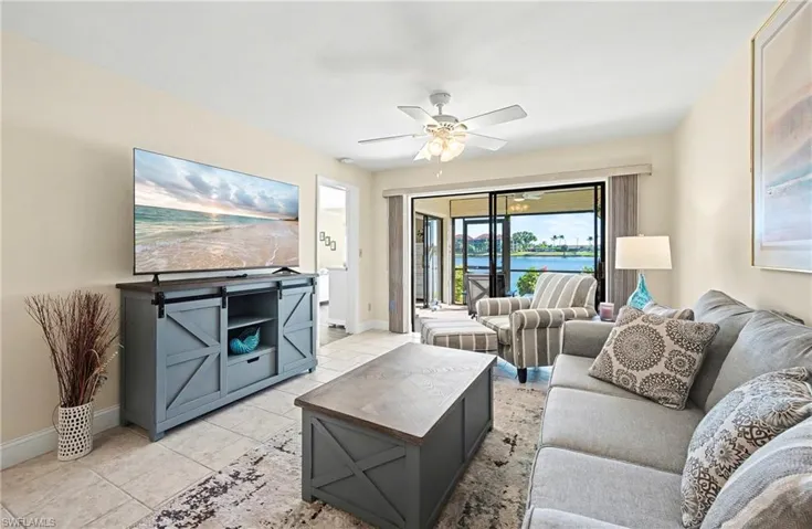 Living area with porcelain tile floors