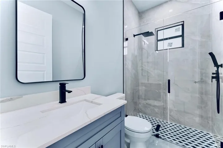 Full bath featuring vanity and a shower stall