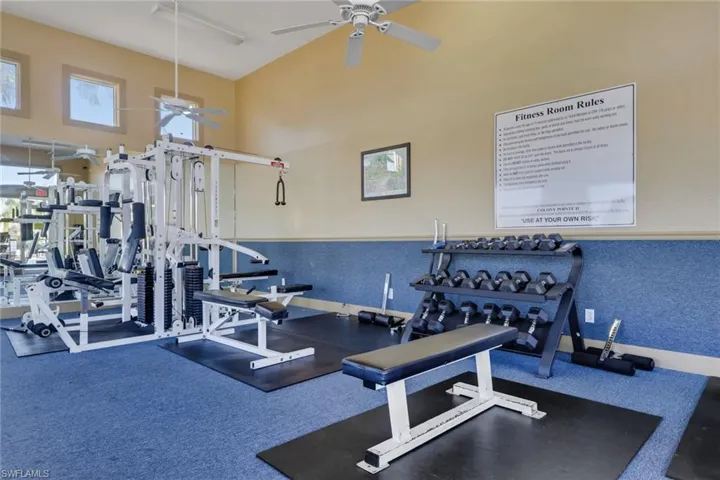 Workout area with ceiling fan
