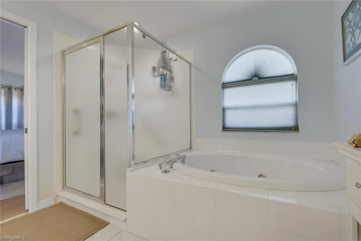 Ensuite bathroom with a shower stall, a whirlpool tub, and vanity