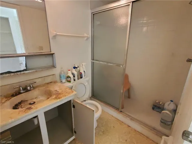 Bathroom featuring an enclosed shower, vanity, and toilet