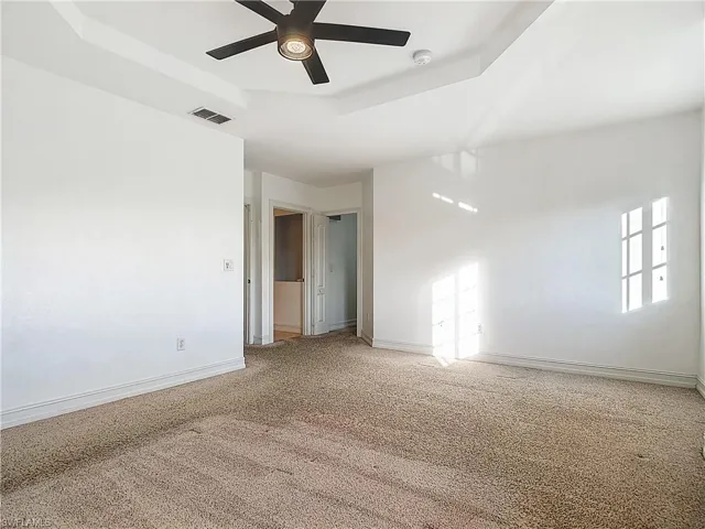 Spare room featuring a tray ceiling, carpet, plenty of natural light, and ceiling fan