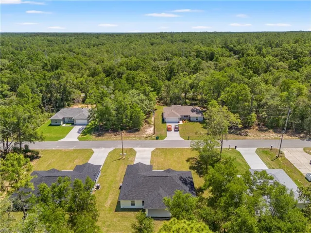 Aerial view of a heavily wooded area