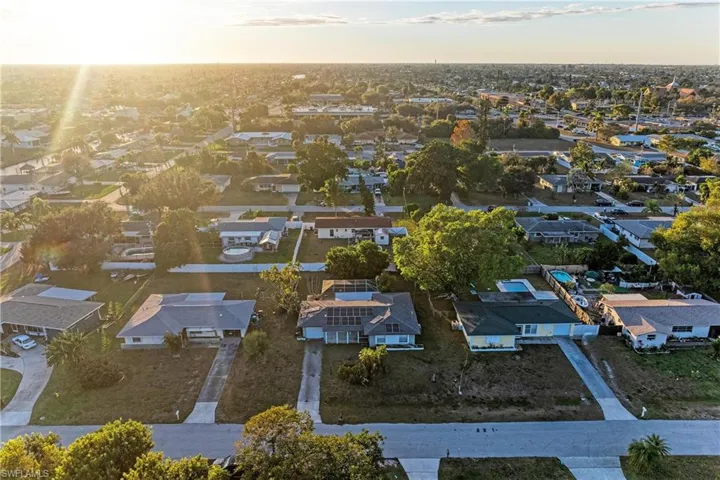 Aerial view at dusk of a residential view