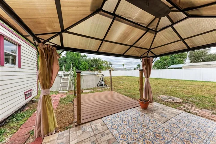 Fenced backyard featuring a patio