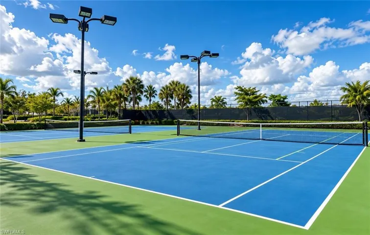 Dual hard-court tennis facility featuring blue and green acrylic surfacing, perimeter mesh fencing, and elevated pole-mounted lighting