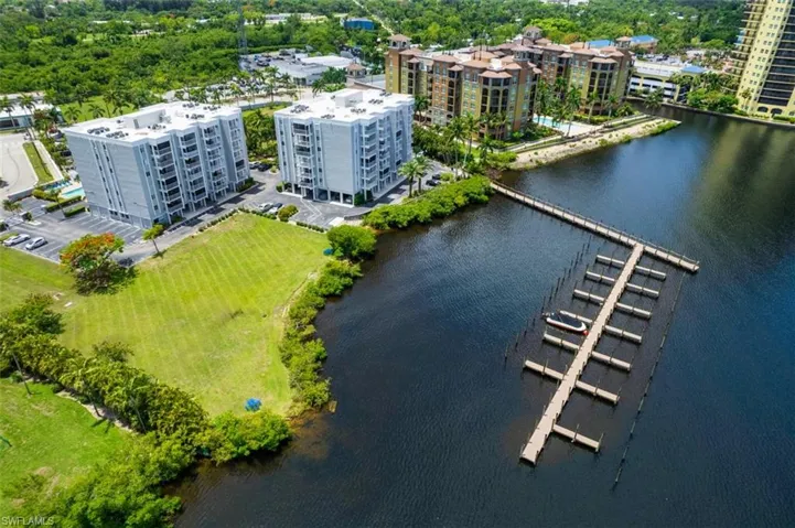 Aerial view of a nearby body of water
