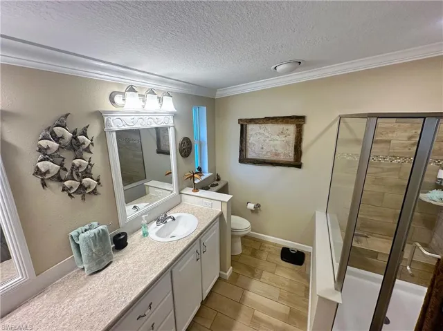 Bathroom featuring vanity, ornamental molding, a textured ceiling, toilet, and a shower with door