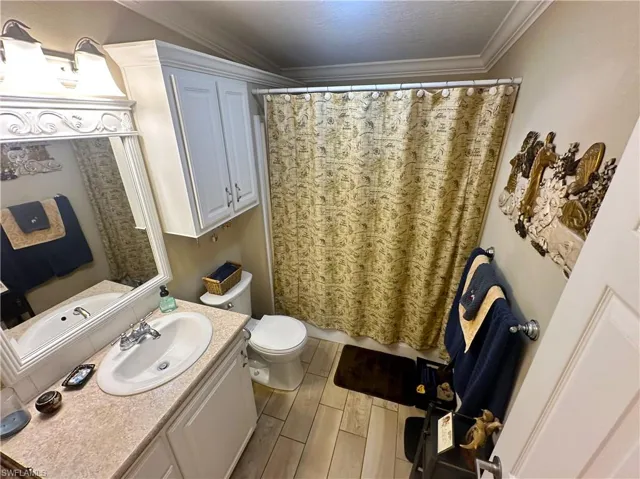 Guest Bathroom with vanity, a textured ceiling, crown molding, hardwood / wood-style flooring, and toilet