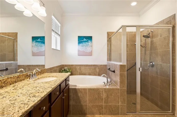 Bathroom with separate shower and tub, vanity, and ornamental molding