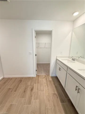 Bathroom with double vanity, a walk in closet, and wood tiled floors