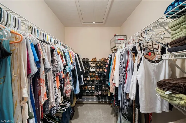 Walk in closet with carpet floors and attic access