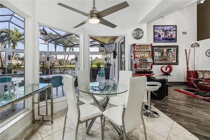 Beautiful views from the bay windows of this dining area.