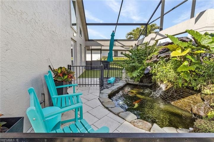 Koi pond with water feature.
