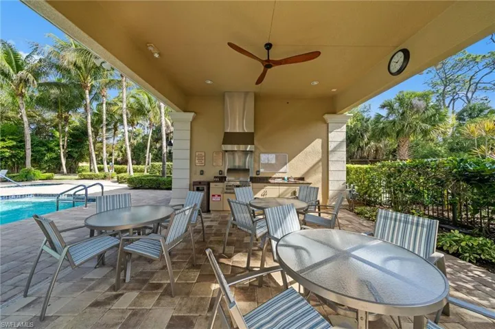 Outdoor covered patio area featuring an outdoor kitchen with stainless steel appliances, a ceiling fan, and ample seating with tables and chairs
