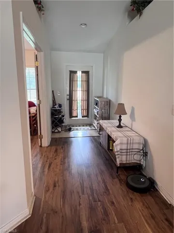 Hall featuring dark wood-type flooring and a wealth of natural light