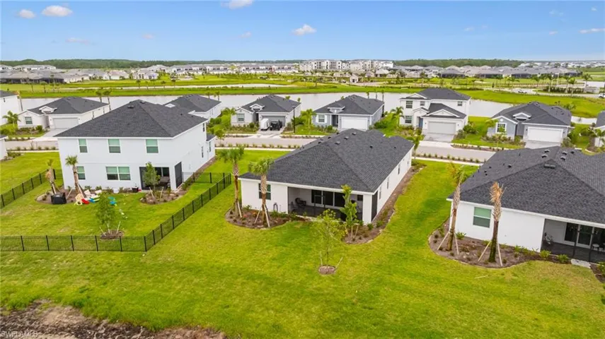 Aerial perspective of suburban area featuring a nearby body of water
