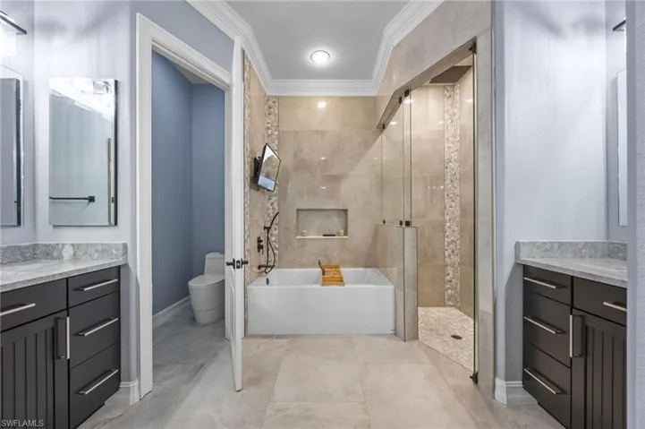 Bathroom featuring vanity, crown molding, a garden tub, and a shower stall