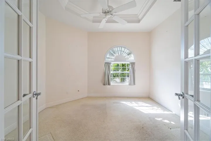 Spare room with a tray ceiling, french doors, and a healthy amount of sunlight