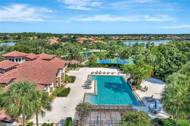 Aerial perspective of suburban area with a pool