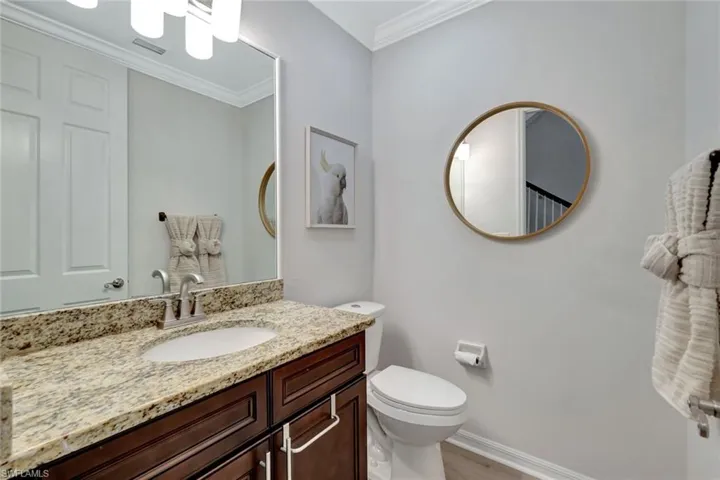 Half Bathroom featuring ornamental molding, wood finished floors, and vanity