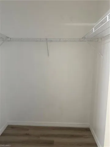 Walk in closet with wood-type flooring