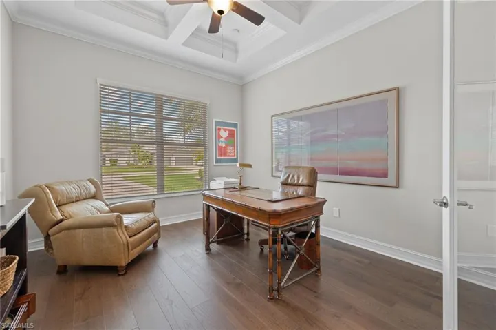 Office with french doors, closet and coffered ceiling