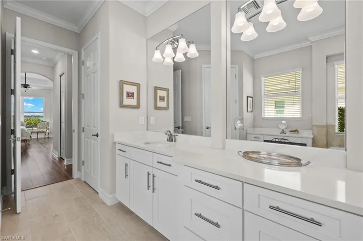 Spa like primary bathroom, double sinks, soaker tub and dual head walk in shower