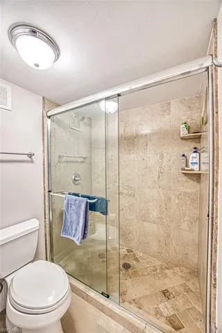 Bathroom with a shower with shower door and toilet