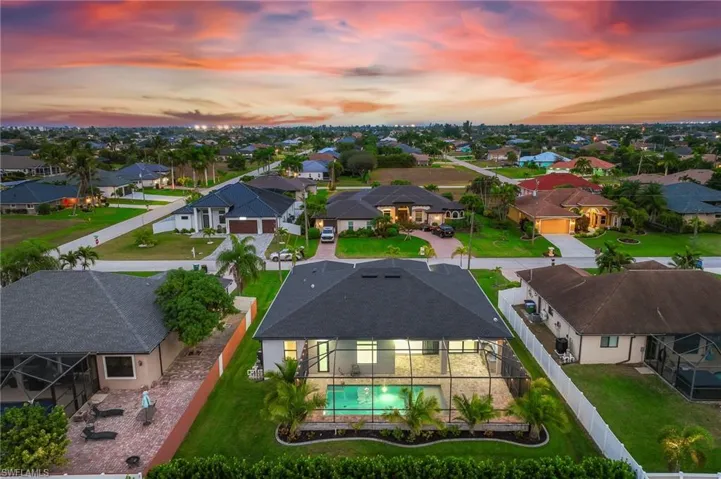 Aerial view of residential area with a pool area