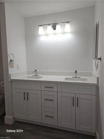 Bathroom with wood-type flooring, vanity, and toilet