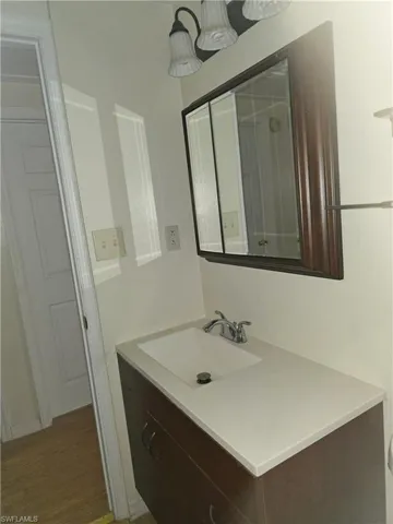 Bathroom featuring vanity and wood finished floors