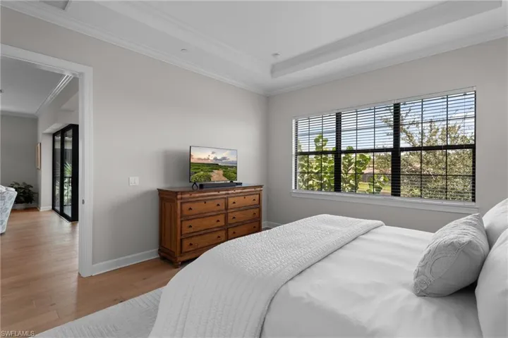 Bedroom featuring crown molding, multiple windows, light wood-type flooring, and a raised ceiling